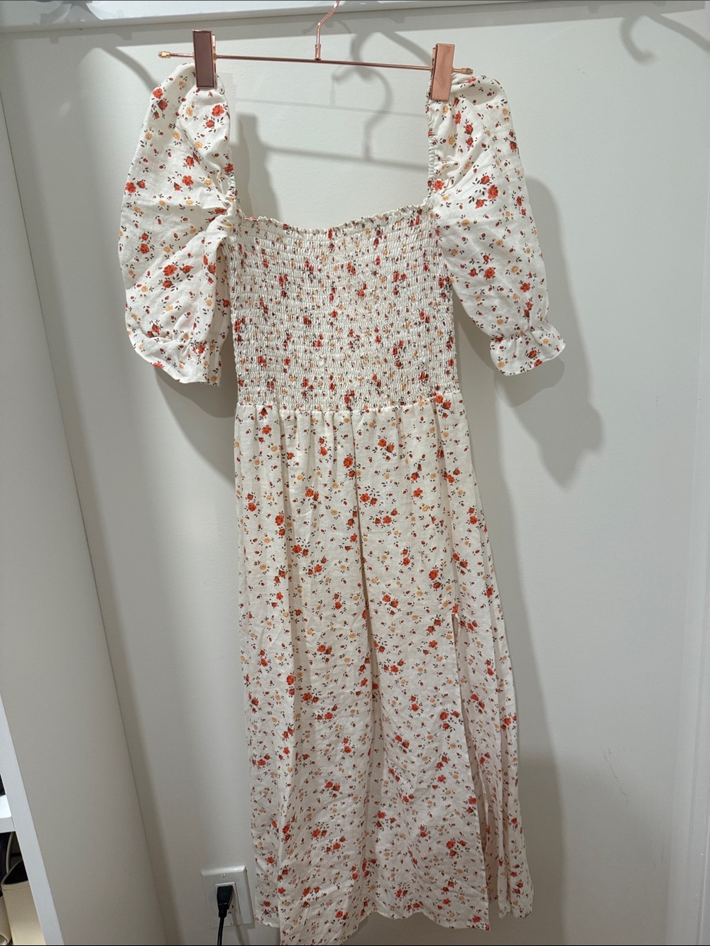Reformation Cream Floral Puff-Sleeve Midi Dress